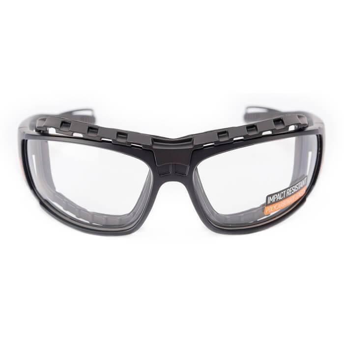 Black frame polycarbonate impact resistant safety goggles on white background