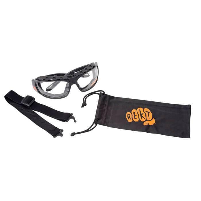 Rekt eye pro safety goggles set with black strap and branded pouch on white background
