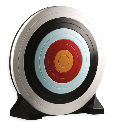 Rinehart Archery NASP target with colorful concentric rings on a black stand