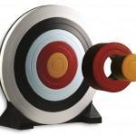 Rinehart archery NASP target with colored rings on black stand, indoor sports equipment