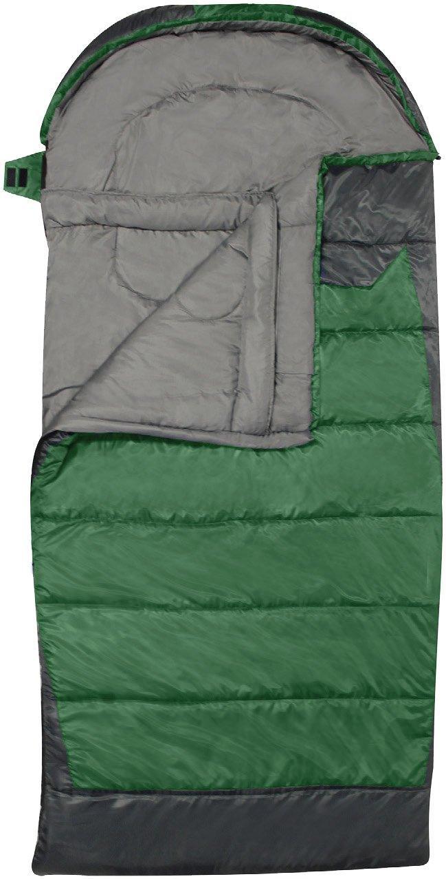 Oversized green and grey sleeping bag with hood for camping and outdoor use