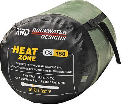 Rockwater Designs HEAT ZONE CS 150 oversized sleeping bag packed in green and black sack