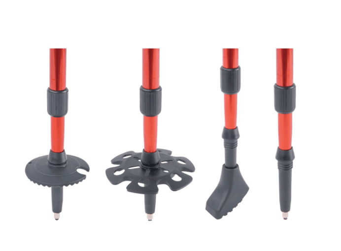 Red Nordic walking poles with four interchangeable tip attachments on white background