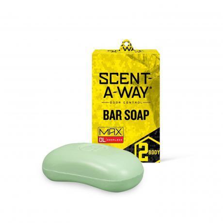 Scent-A-Way Max Bar Soap with odor control in yellow box and green soap bar