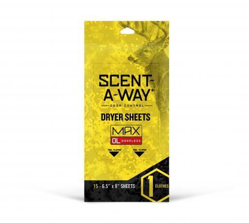 Scent A-Way Max Odorless Dryer Sheets yellow packaging with deer graphic