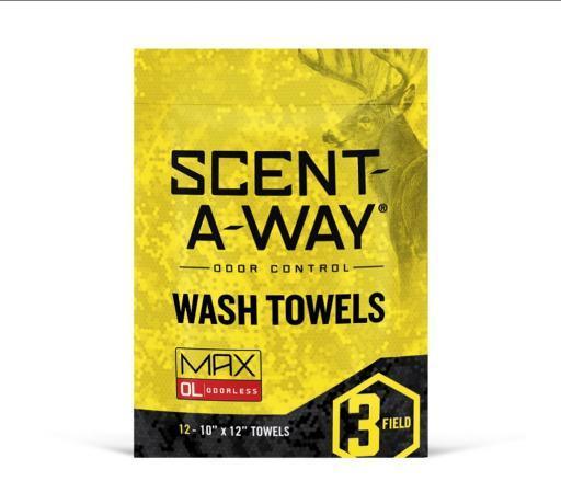 Scent-A-Way odor control wash towels packaging with deer graphic, yellow and black design.