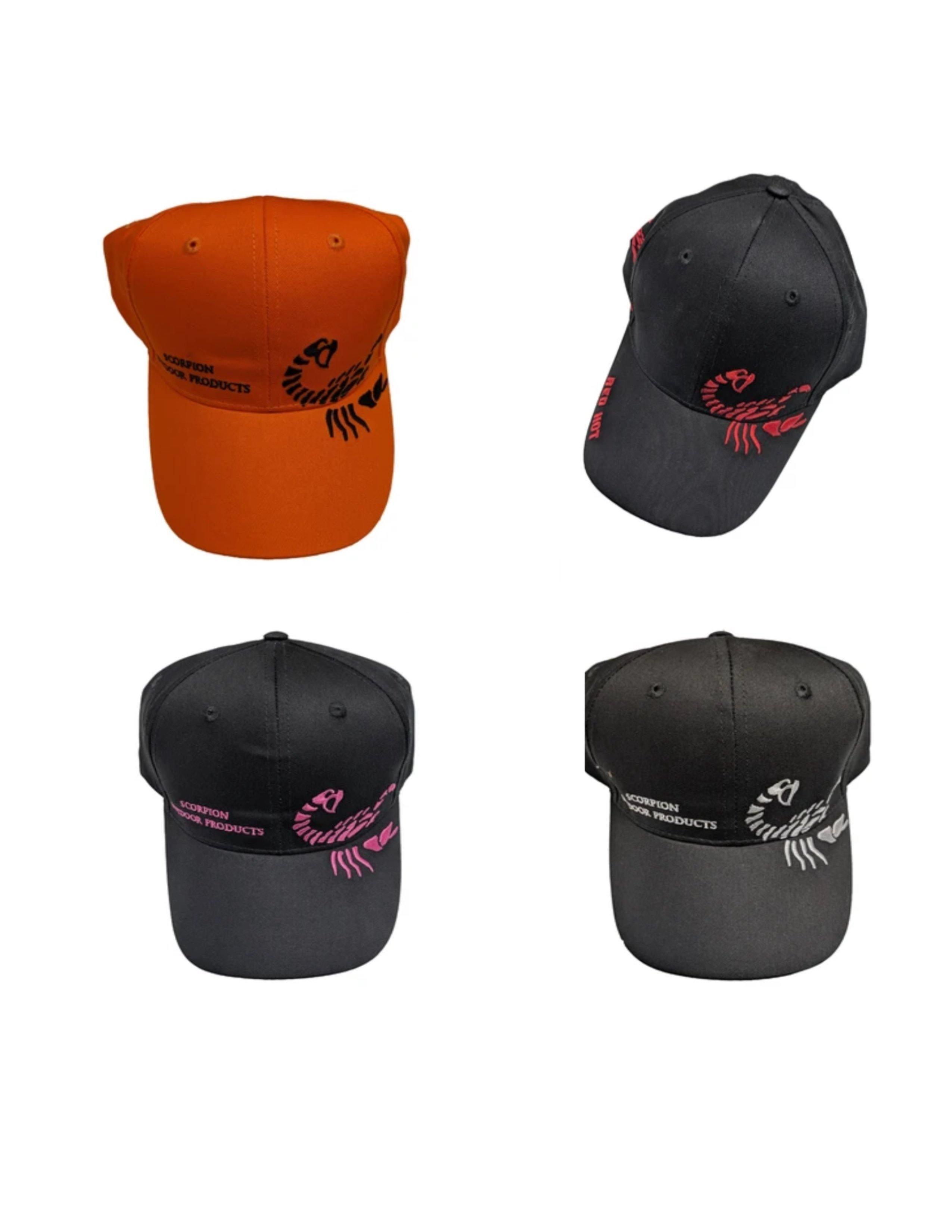 Scorpion Outdoor Products caps in black and orange with scorpion logo and embroidered text