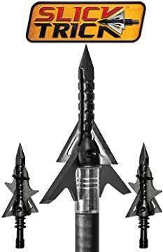 Slick Trick Assailant hybrid broadhead 3-pack with sharp blades and logo above.