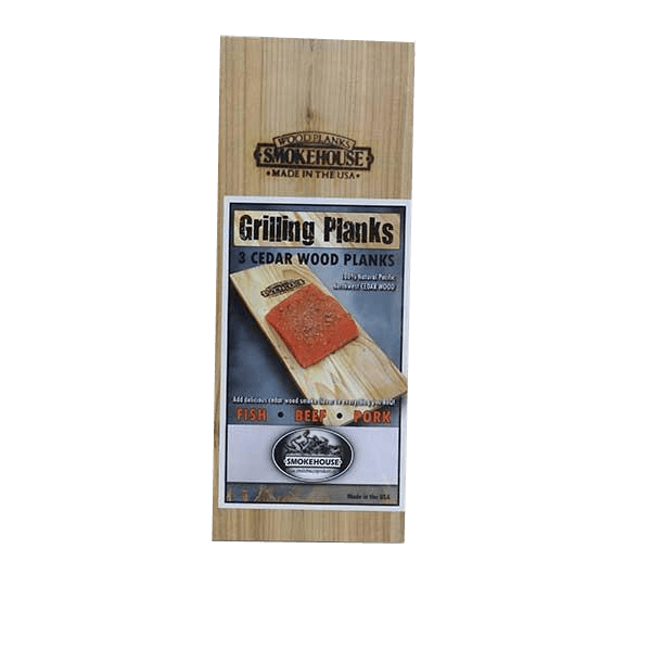 Smokehouse cedar wood grilling planks 3-pack for BBQ fish, beef, pork, product packaging