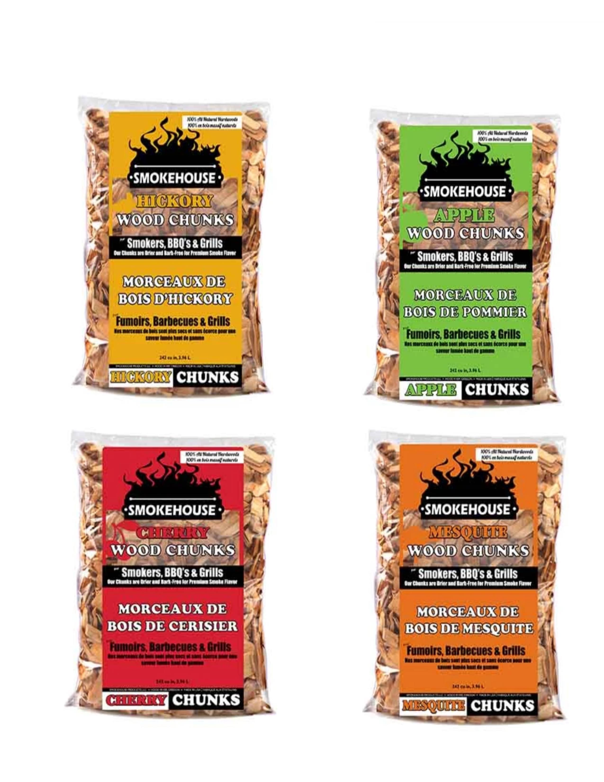 Four Smokehouse wood chunks bags for BBQ and grills: hickory, apple, cherry, mesquite.