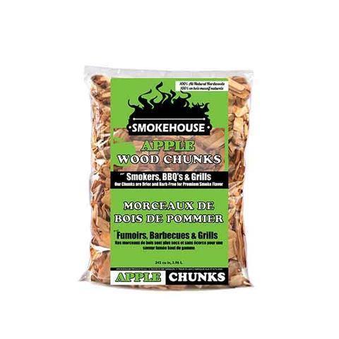 Bag of Smokehouse apple wood chunks for smokers, BBQs, and grills, front view.