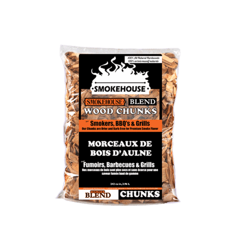 Smokehouse blend wood chunks bag for smokers, BBQ grills, alder wood pieces visible