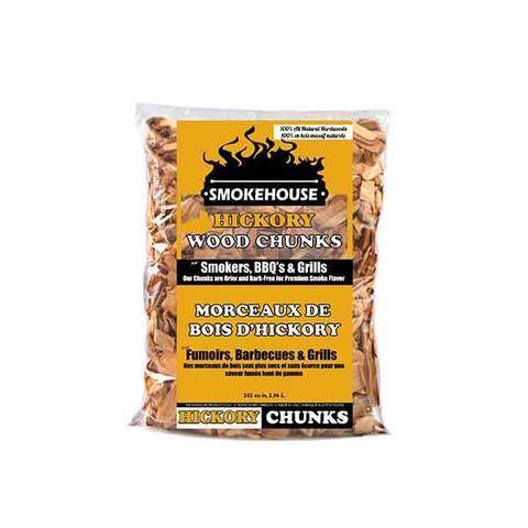 Smokehouse hickory wood chunks for smokers, BBQs and grills in clear plastic bag.