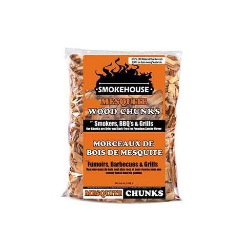 Smokehouse mesquite wood chunks bag for smokers, BBQs, and grills with visible wood pieces