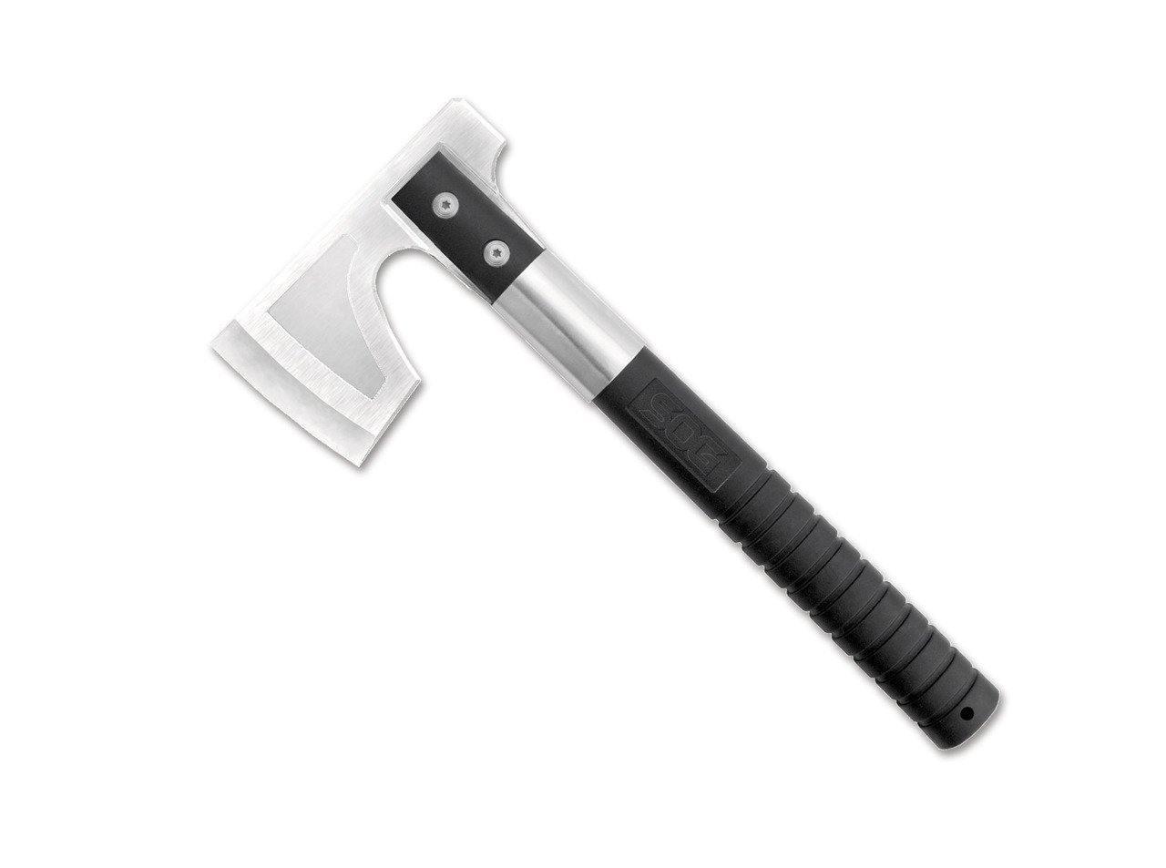 SOG camp axe with stainless steel blade and black ergonomic handle on white background