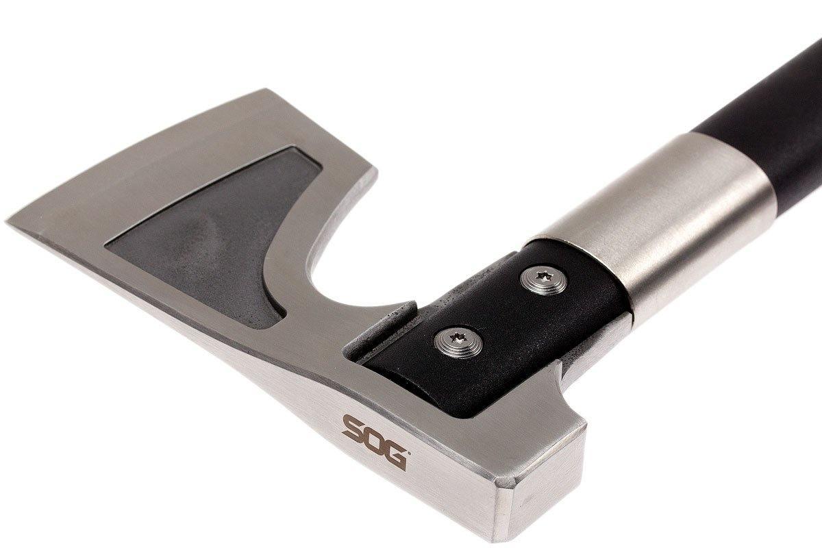 SOG camp axe with black handle and stainless steel head on white background
