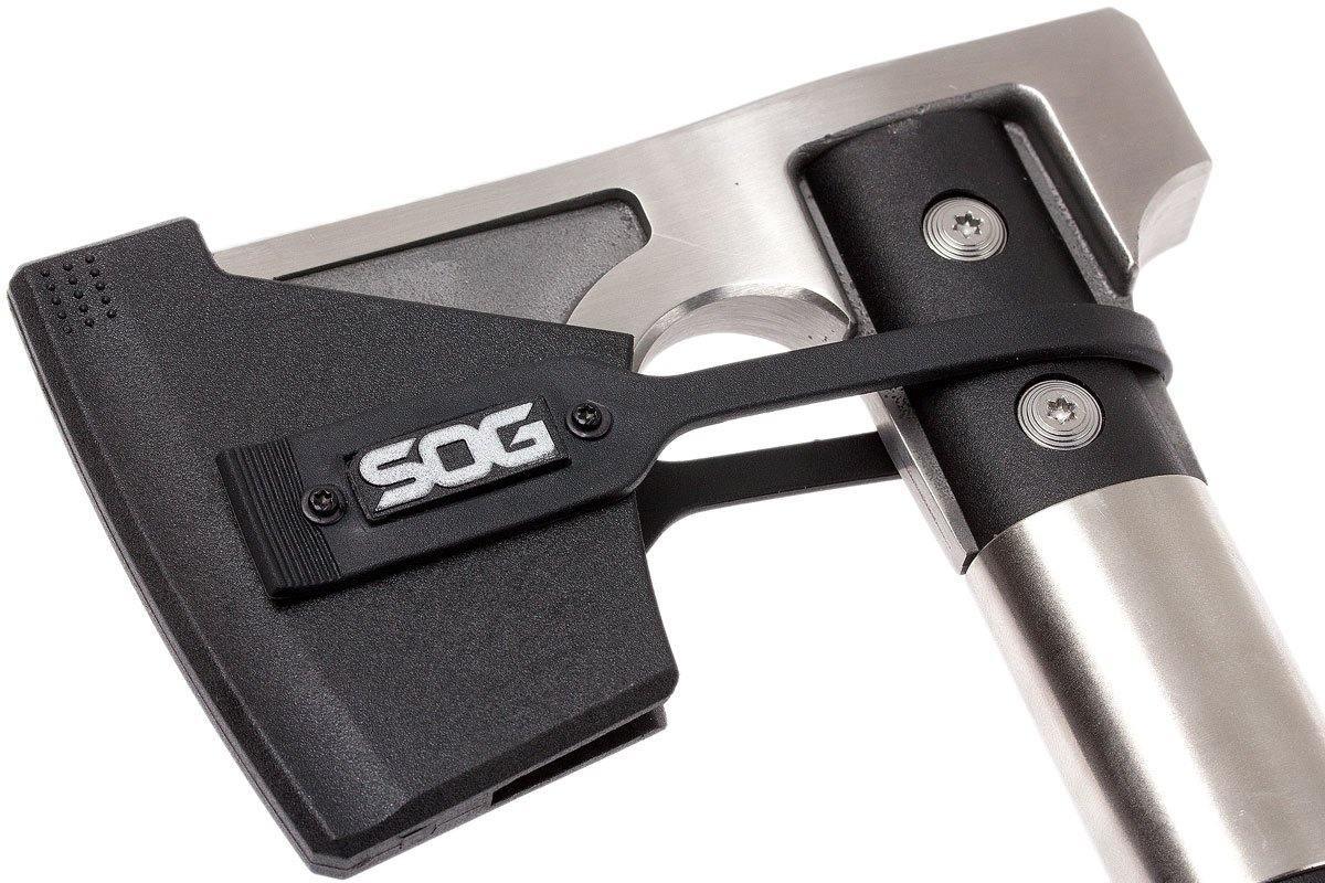 Close-up of SOG camp axe with protective blade cover, stainless steel handle