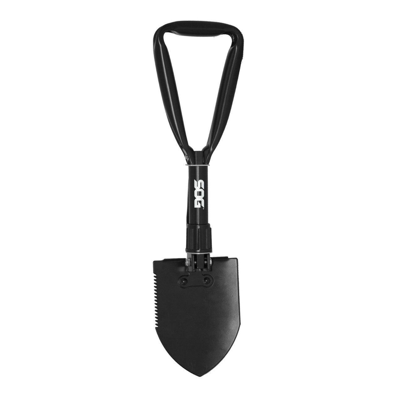 SOG entrenching tool folding shovel with serrated edge on white background