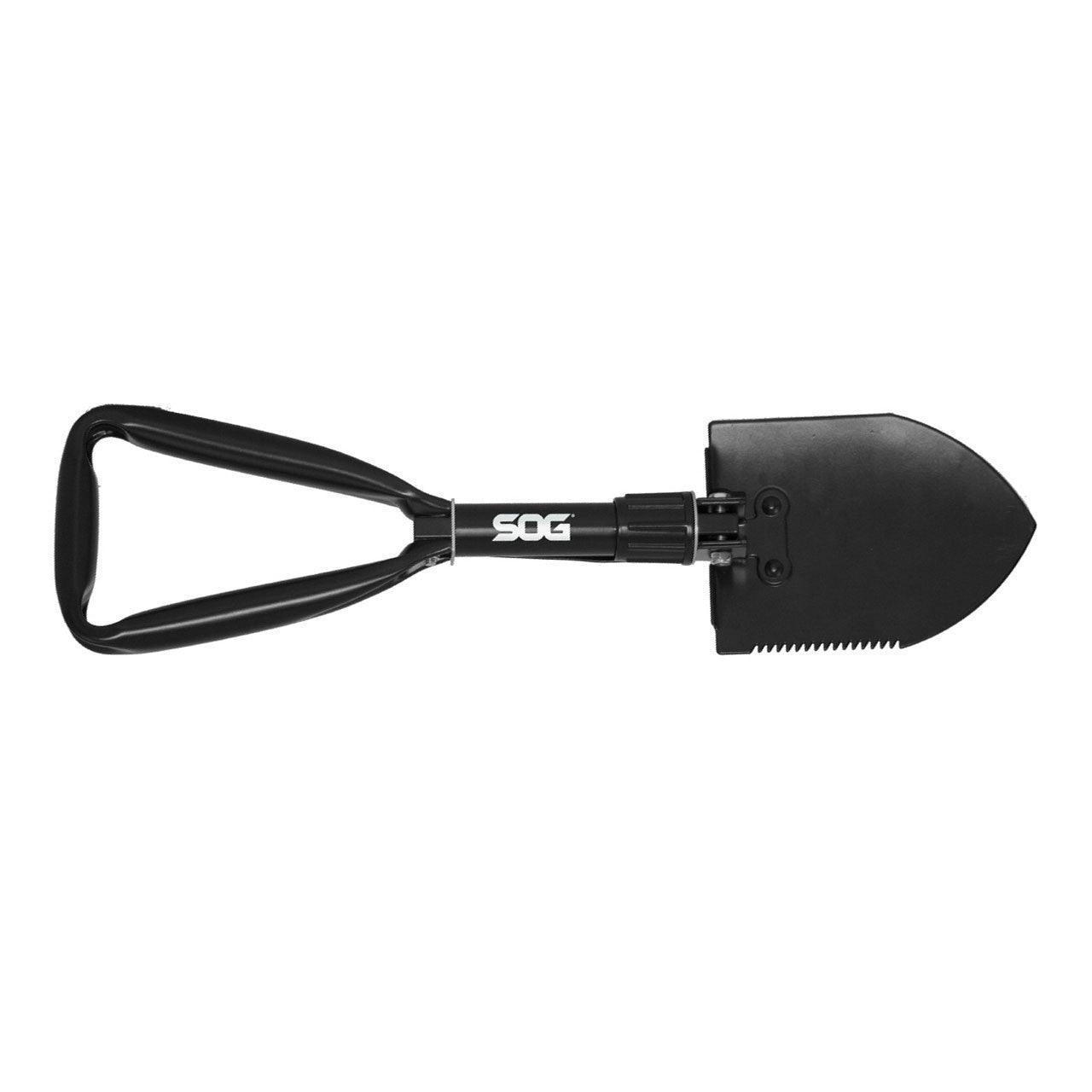 SOG folding entrenching tool with black handle and serrated shovel blade on white background