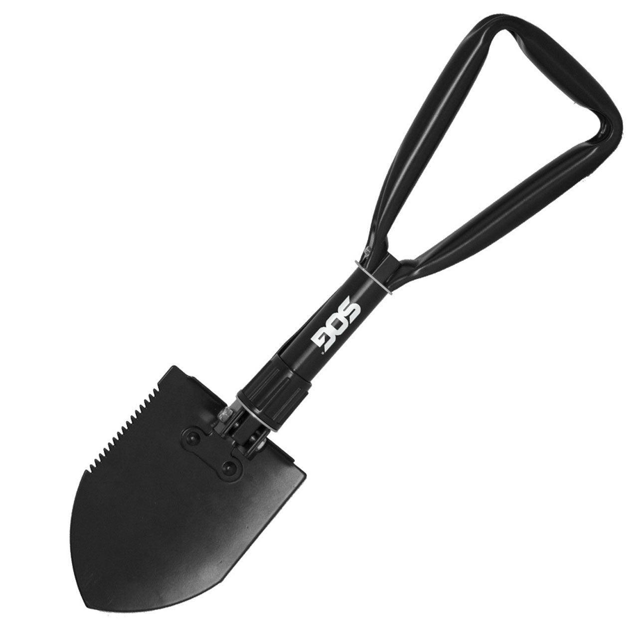 SOG folding entrenching tool with black serrated shovel blade and triangular handle
