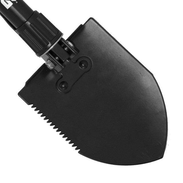 Black folding entrenching tool with serrated edge for outdoor camping and survival.