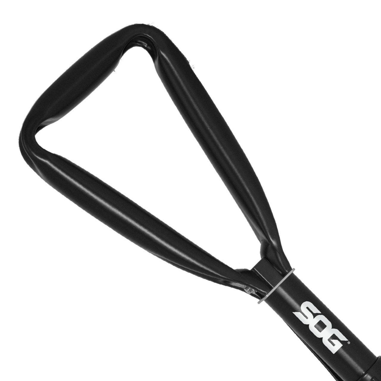SOG entrenching tool black handle close-up on white background