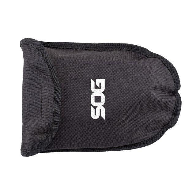 SOG entrenching tool black nylon carrying case with white logo, outdoor gear accessory