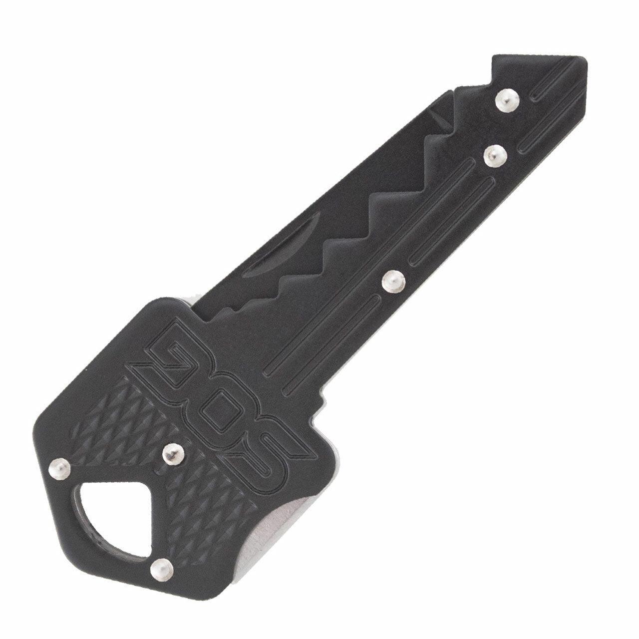 SOG black key-shaped folding knife with textured handle on white background