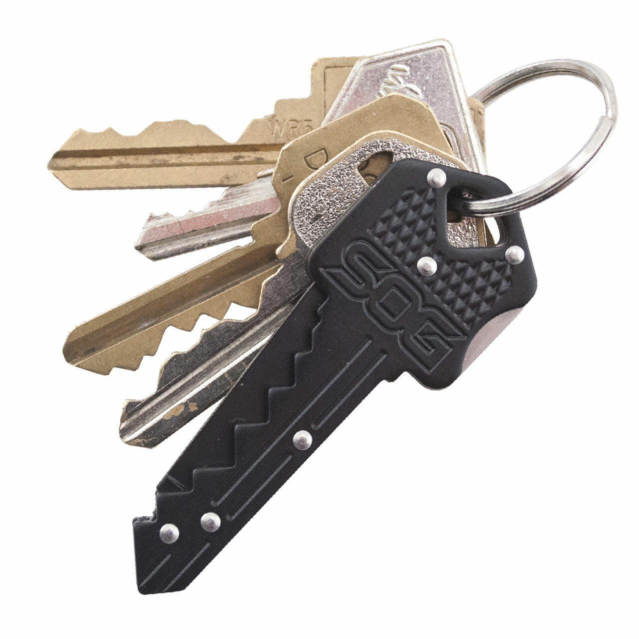 SOG key knife multitool on keyring with brass and silver metal keys