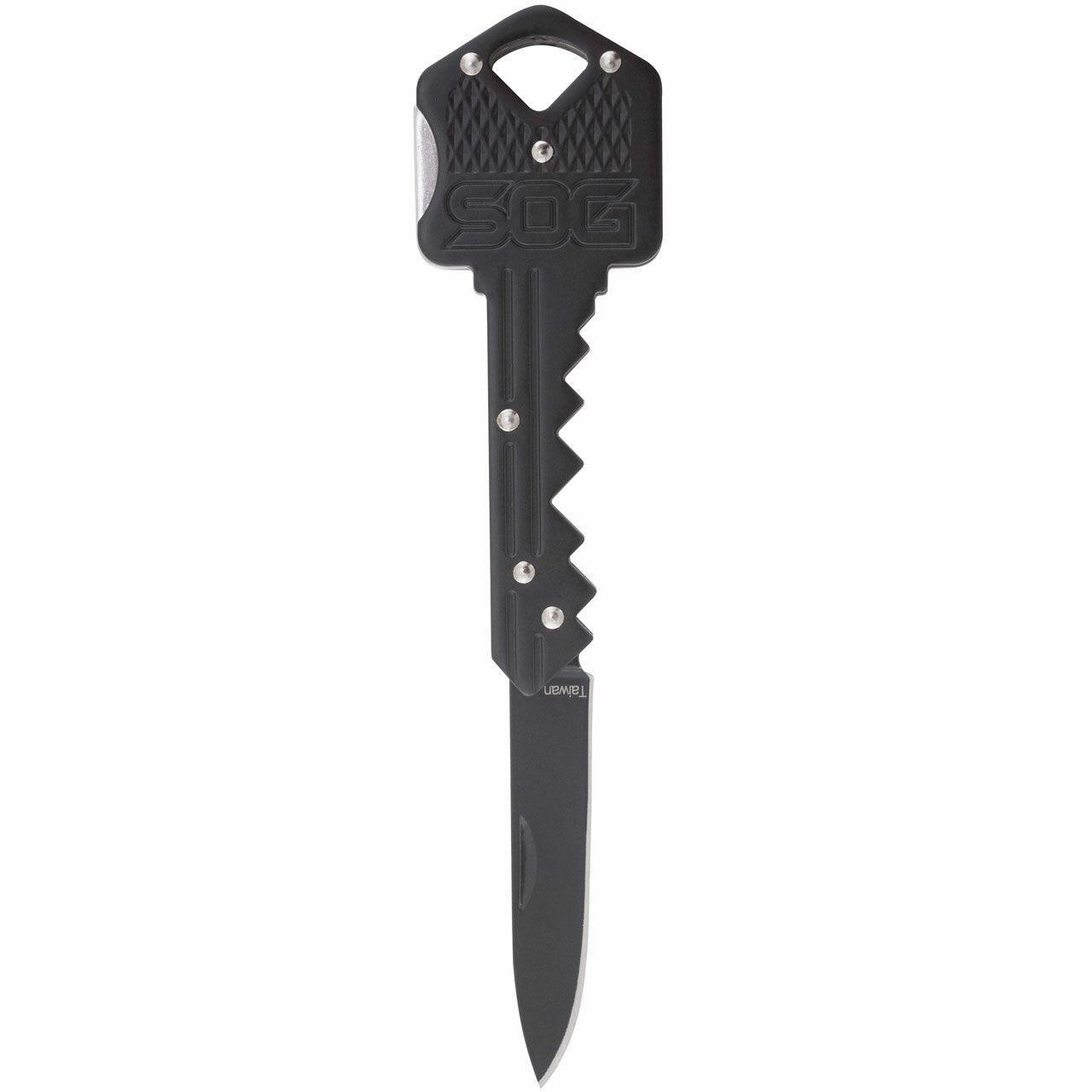 SOG key-shaped folding knife with black handle and pointed blade on white background