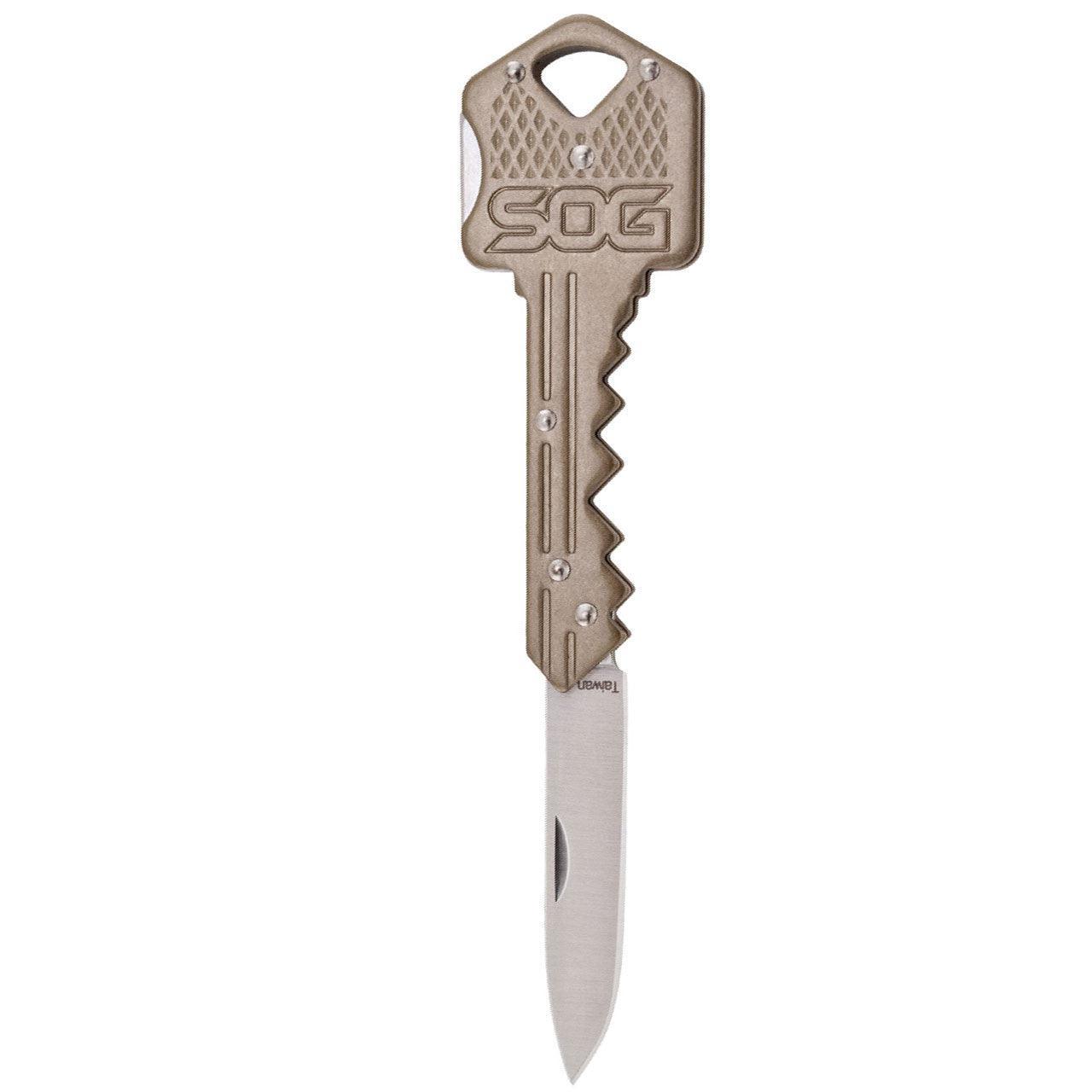 SOG key-shaped folding knife with metallic handle on a white background