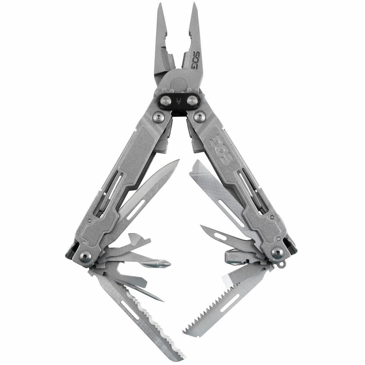 SOG Power Access Deluxe multi-tool, stainless steel, open with pliers and various tools