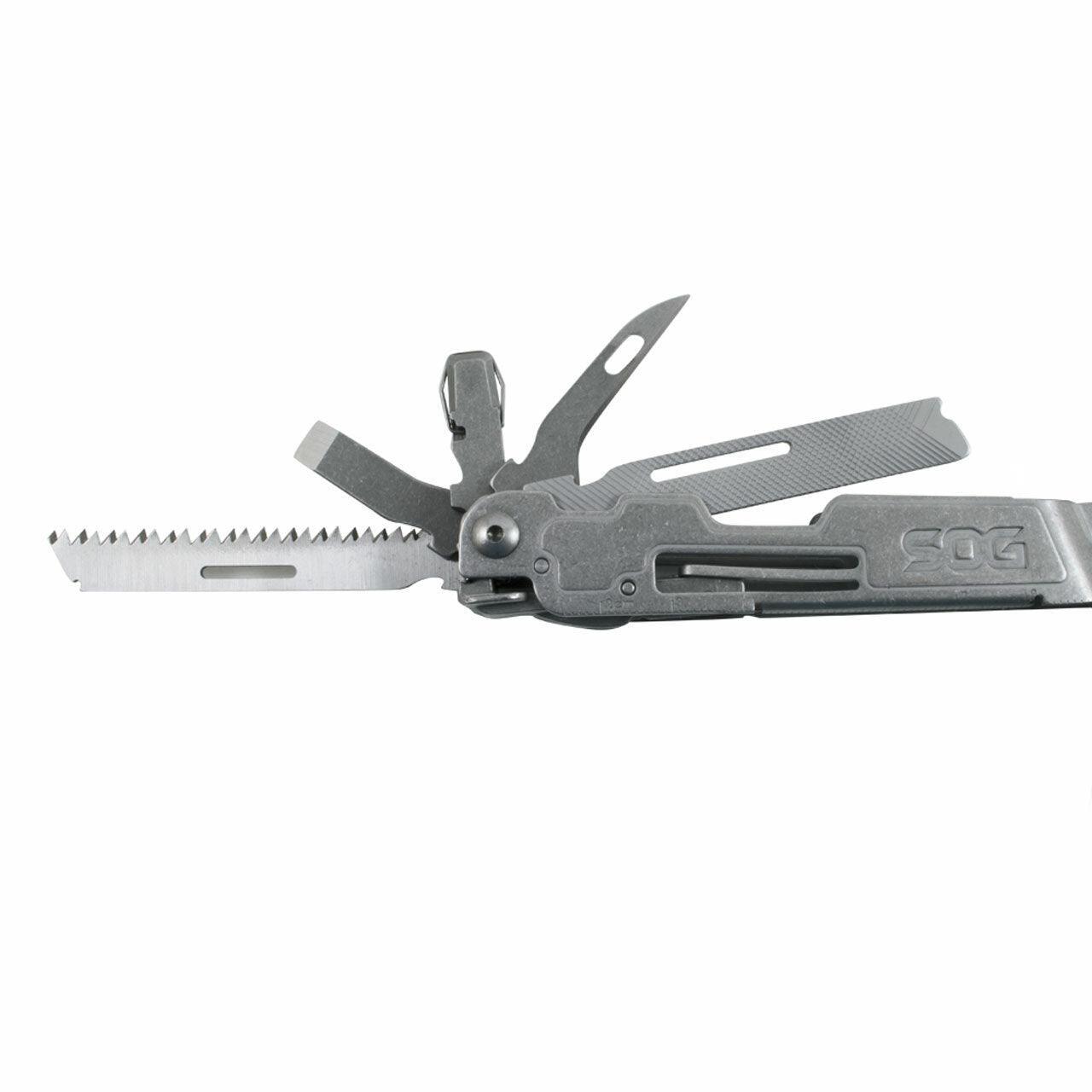 SOG PowerAccess Deluxe multi-tool with saw, file, and other tools extended
