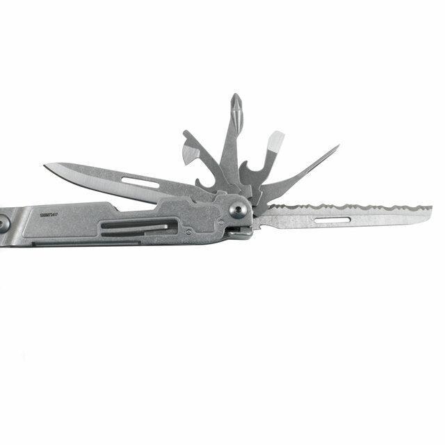 SOG Power Access Deluxe multi-tool with open blades and tools on white background
