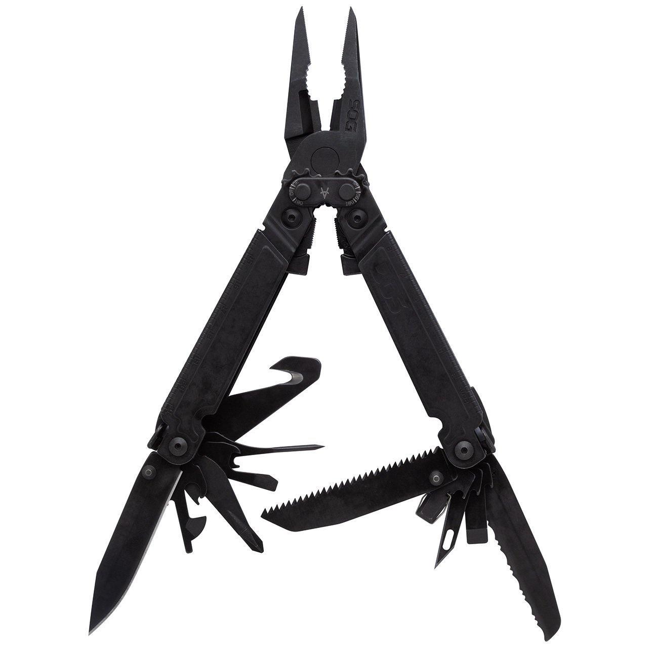 SOG PowerAccess Assist multi-tool with pliers, knife, saw, and tools open on white background