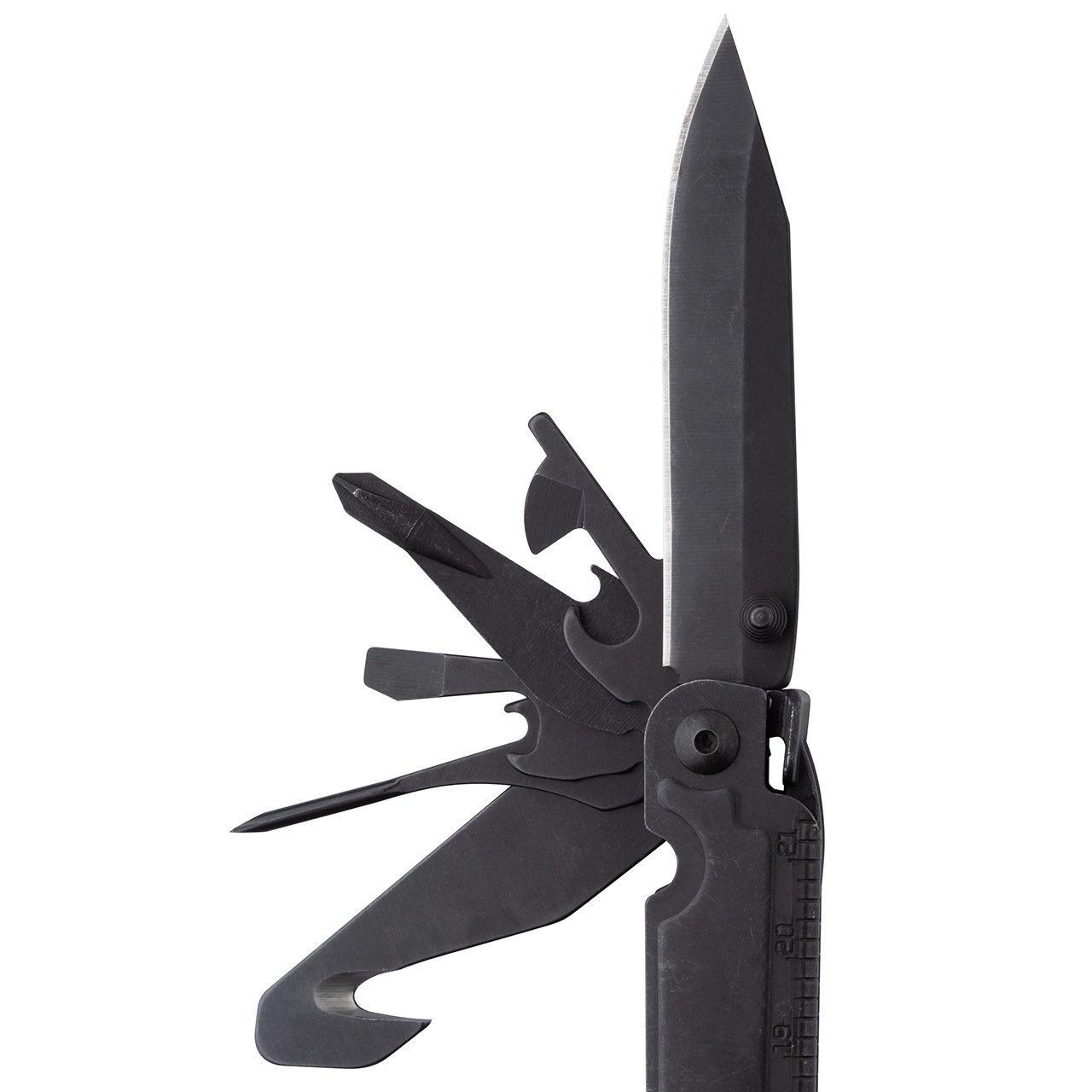 Black multi-tool with open knife blade and various extended tools on white background