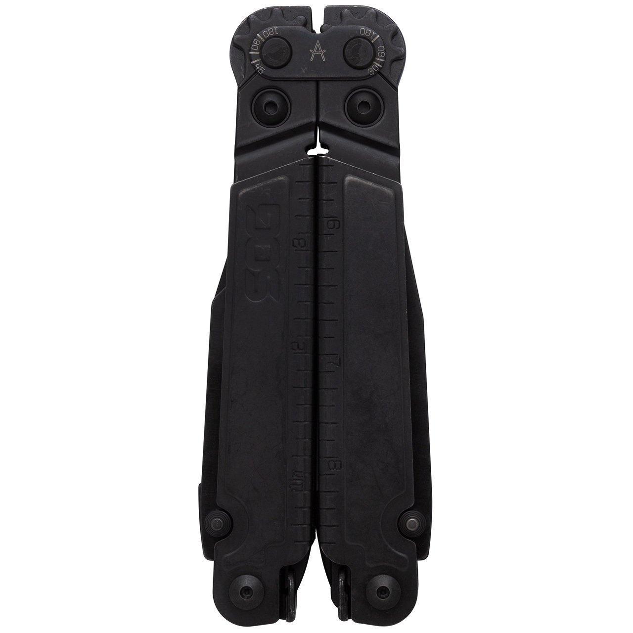 SOG PowerAccess Assist black multitool with ruler markings, closed and front view