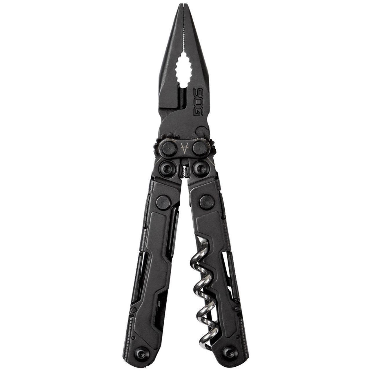 SOG PowerLitre black multi-tool with pliers and visible corkscrew on white background