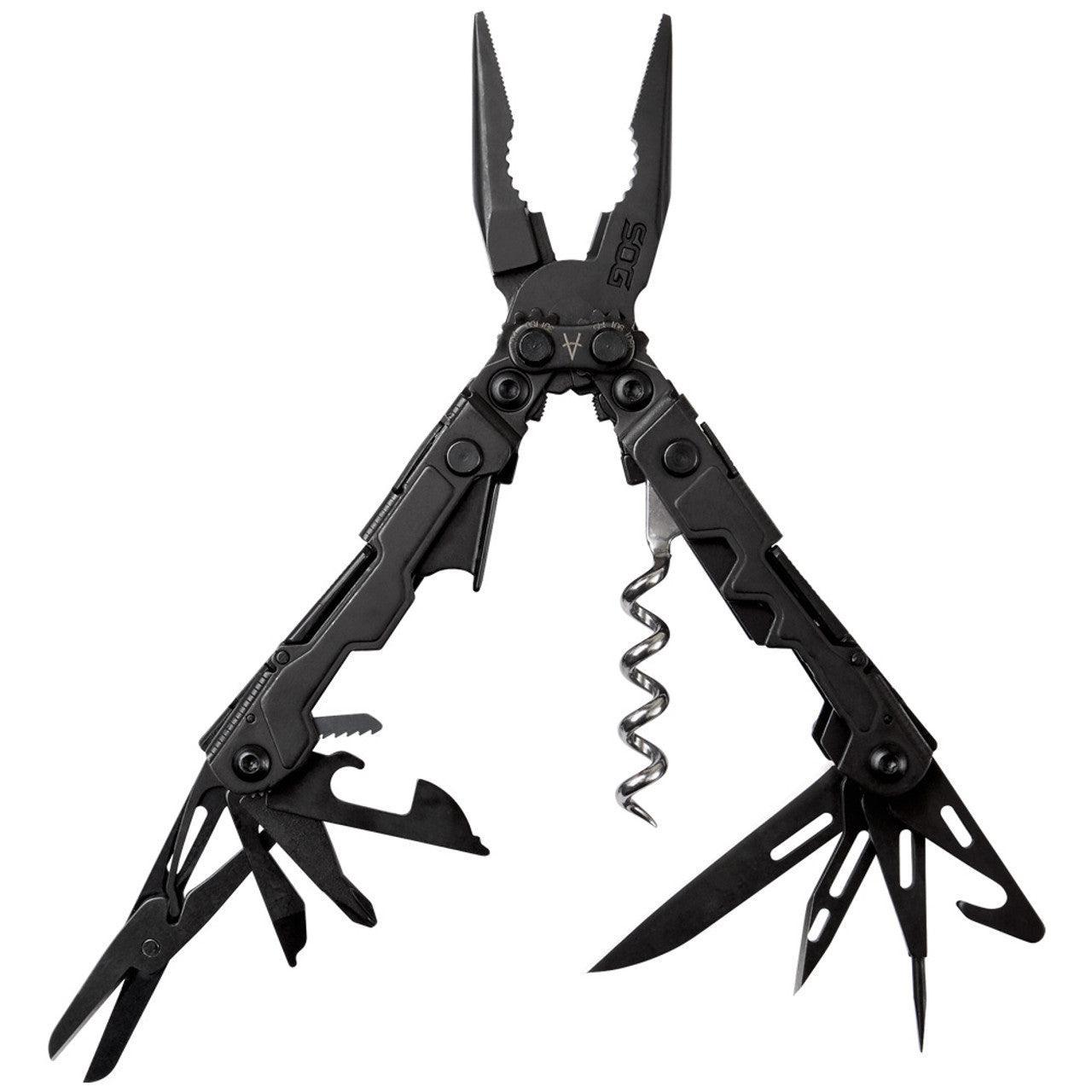 SOG PowerLitre black multi-tool with open pliers, knife, corkscrew, and various tools
