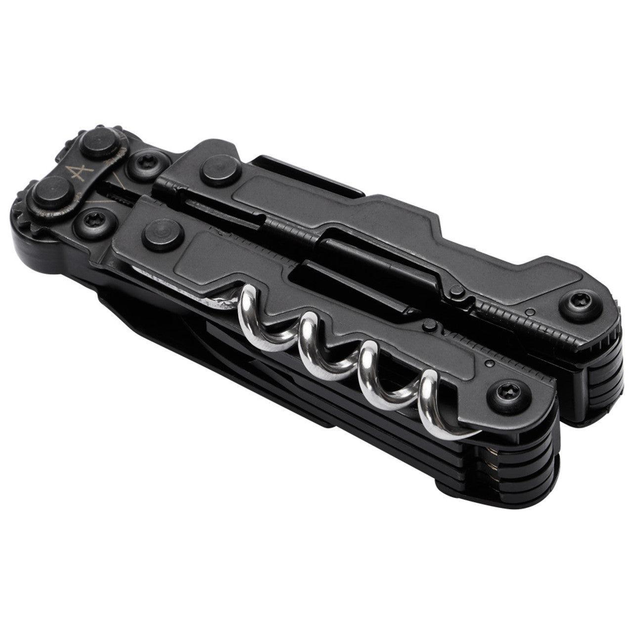 Black SOG PowerLitre multi-tool with visible corkscrew on white background