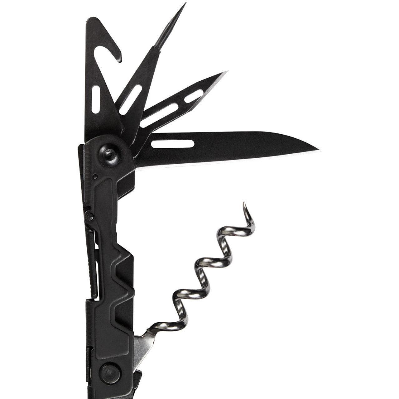 SOG PowerLitre black multi-tool with open knife, corkscrew, and utility tools on white background