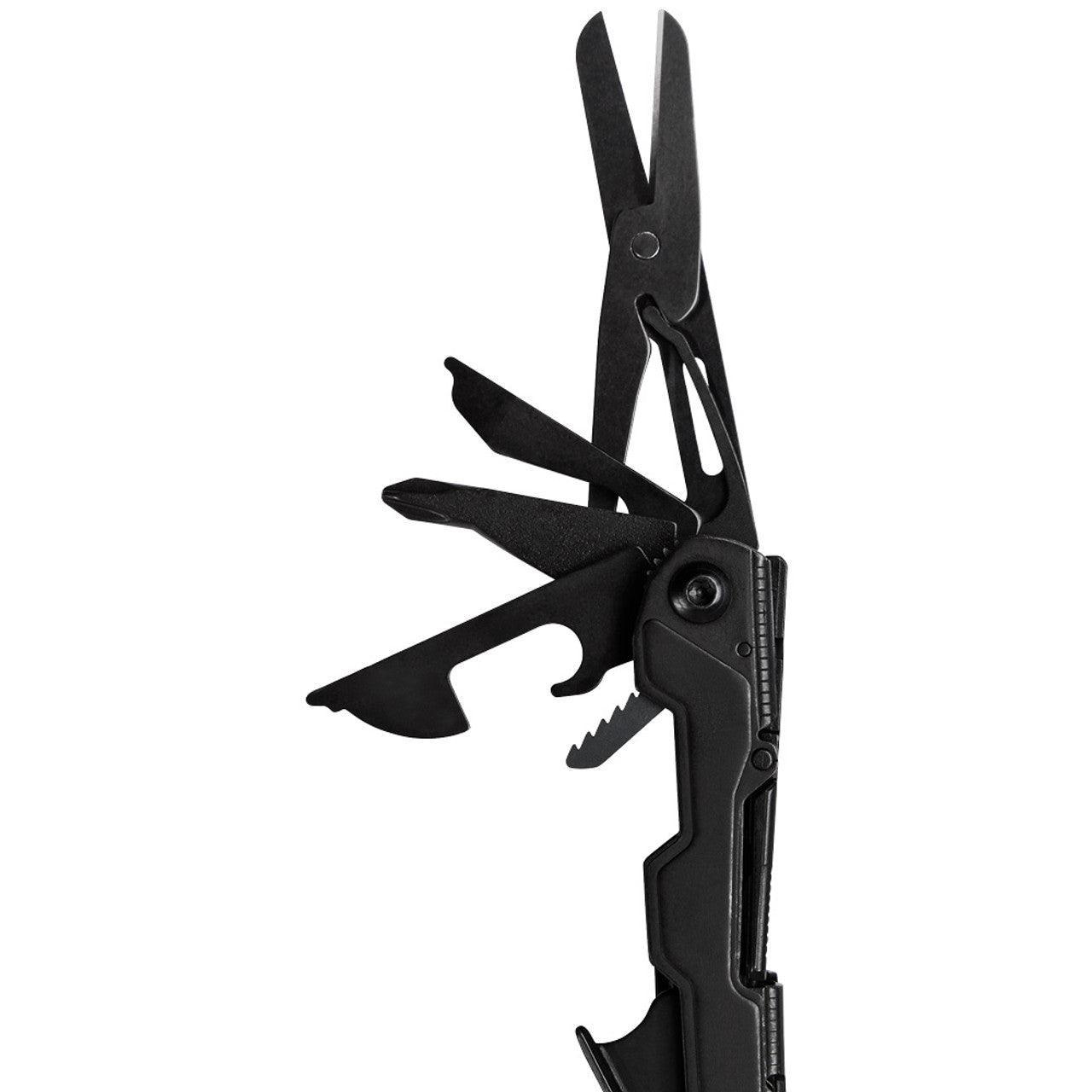 Black SOG PowerLitre multi-tool with open scissors and various tool attachments