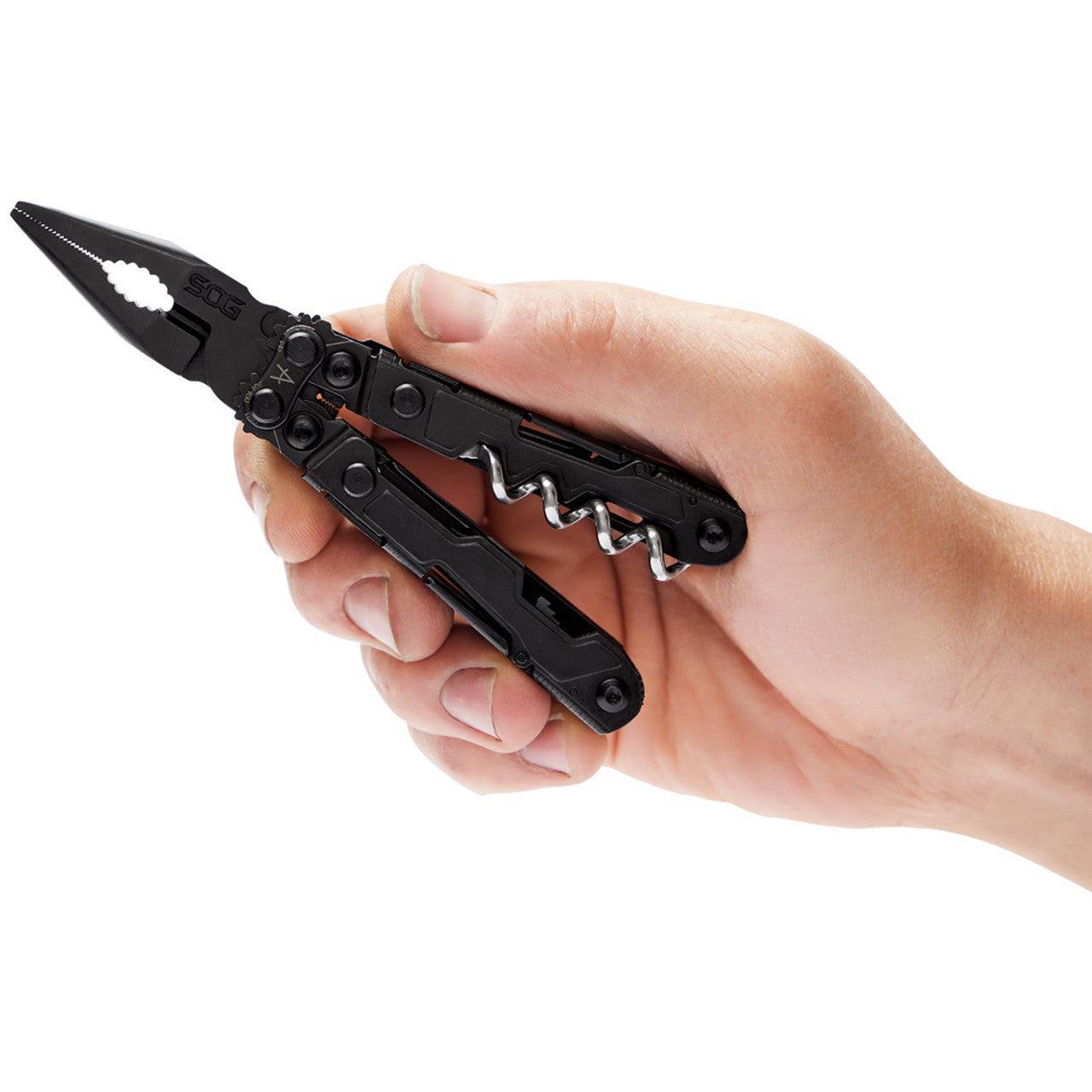 Hand holding a black SOG PowerLitre multi-tool with pliers and corkscrew visible