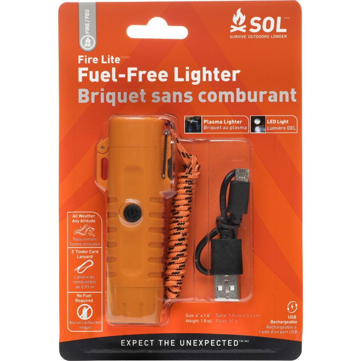 SOL Fire Lite orange fuel-free plasma lighter with USB cable in retail packaging