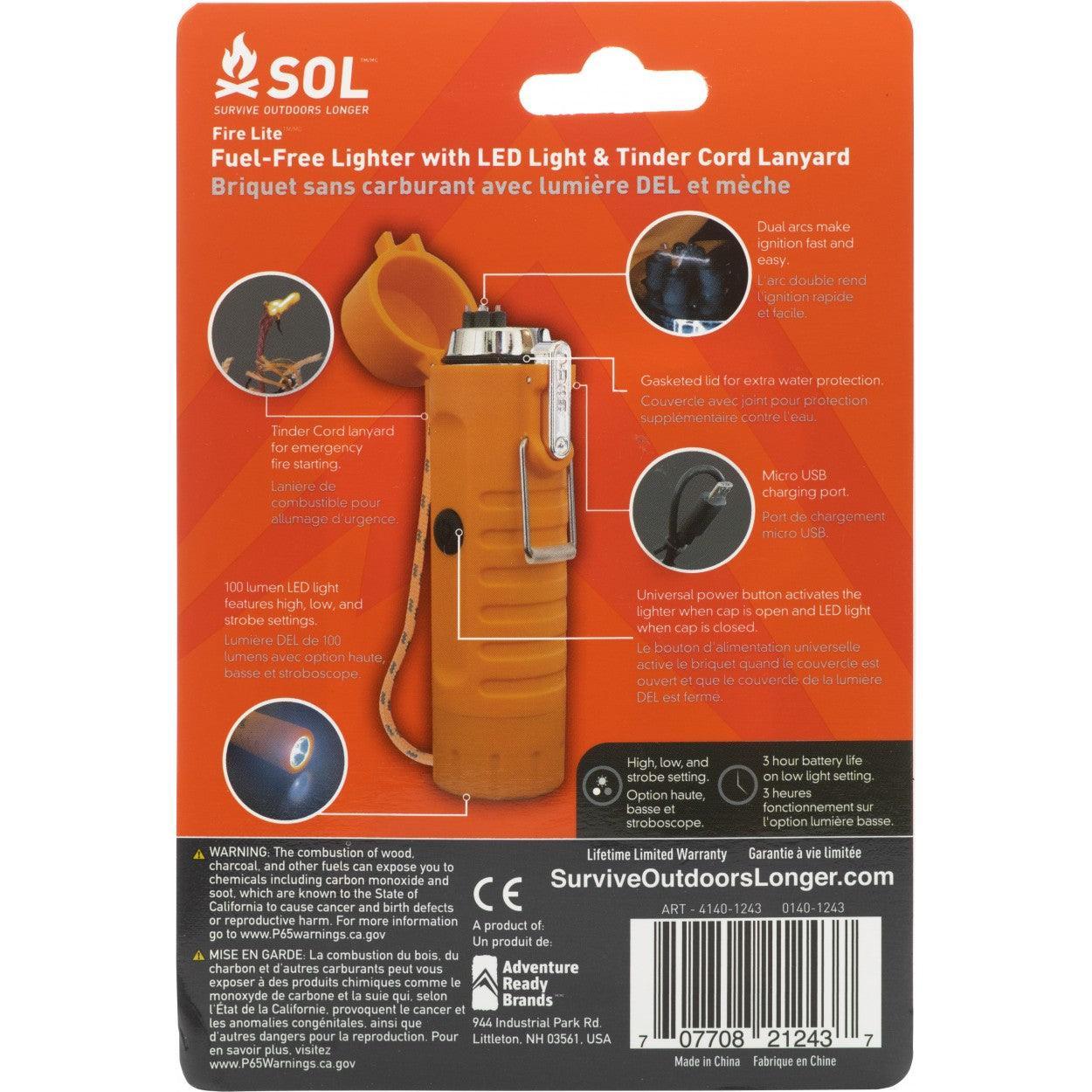 SOL Fire Lite fuel-free lighter with LED light and tinder cord lanyard in orange retail packaging