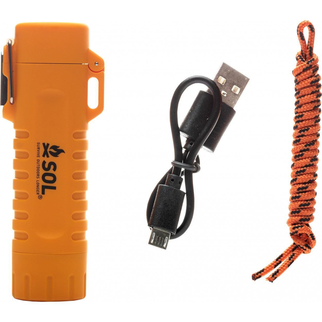 SOL orange fuel-free lighter with USB charging cable and orange-black lanyard