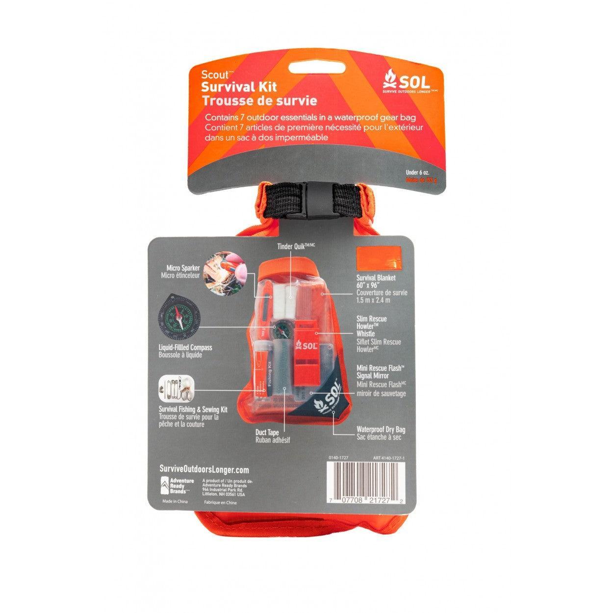 SOL Scout Survival Kit in waterproof bag, labeled contents, outdoor emergency gear