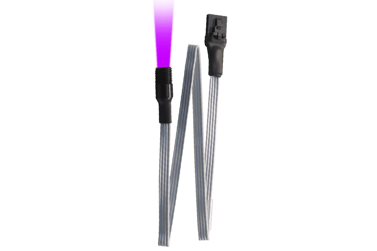 Specialty Archery UV light cable with black connectors and glowing purple tip on white background
