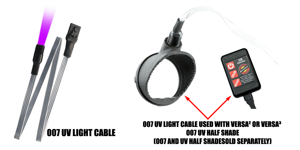 Specialty Archery 007 UV light cable with purple tip, cord, and connector on white background.