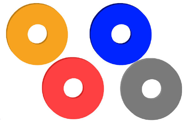 Four specialty archery Double Vision lenses in yellow, blue, red, and gray on white background